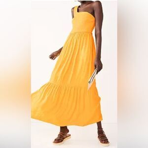 Nine West  One-Shoulder Smocked Maxi Dress, color called Liquid Gold, size L.